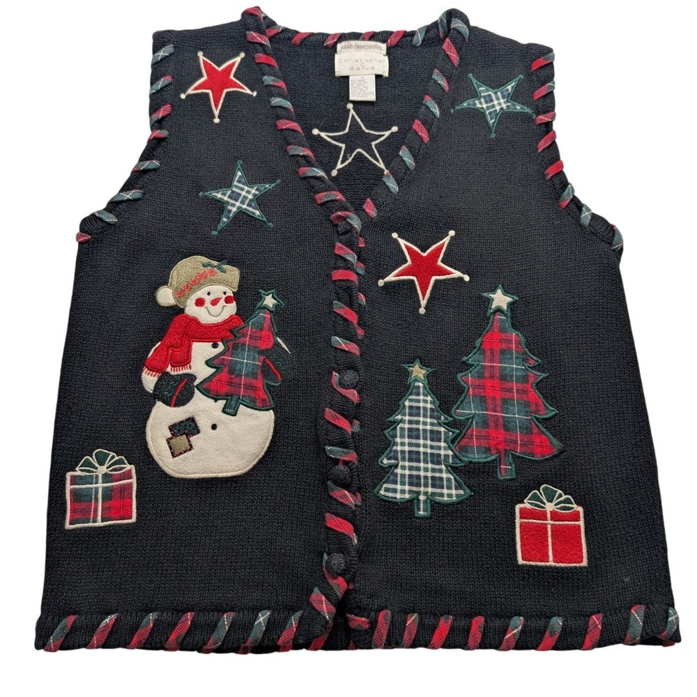 Vintage Christopher & Banks Holiday Sweater Vest Womens Small Black Snowman Star
